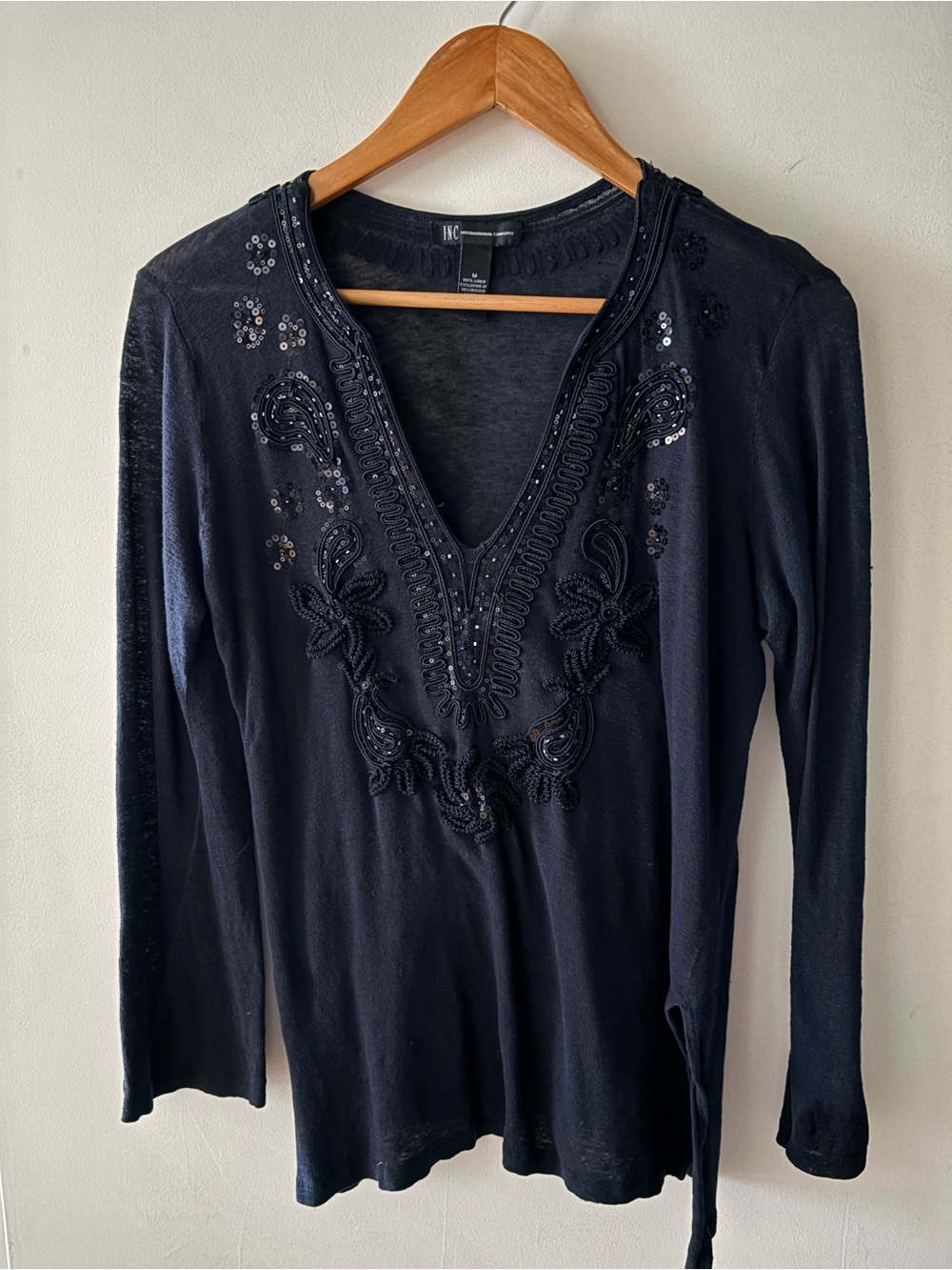 INC International Concepts Women's Black Embellished V-Neck Top Sheer Linen M